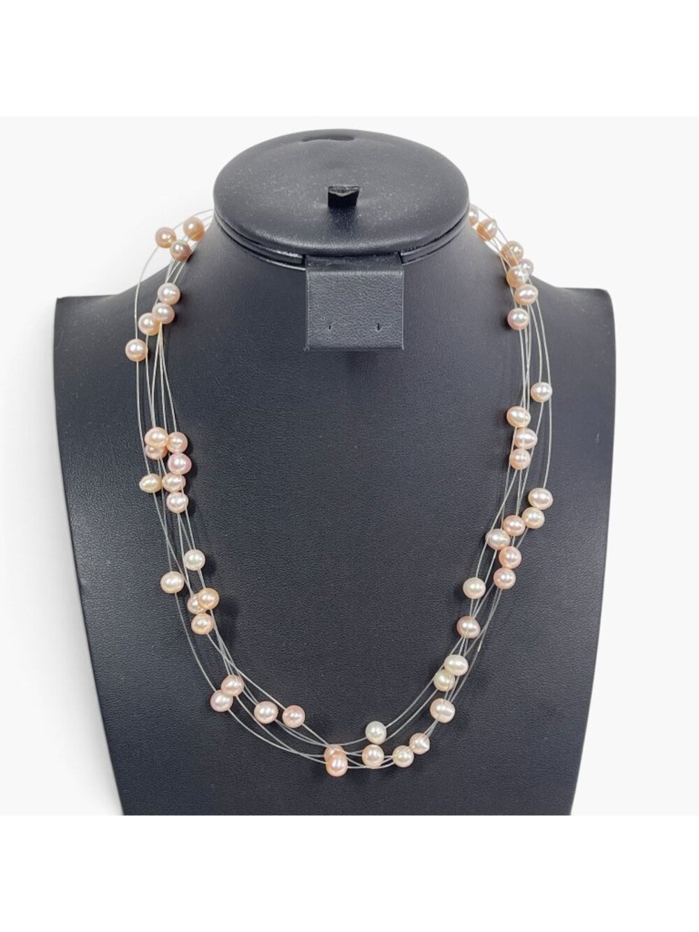 Multi-Strand Freshwater Pearl Floating Necklace Pink Cream Clear Wire 925 Clasp